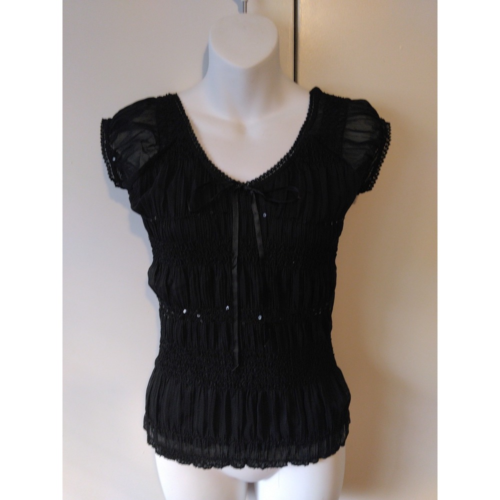 Womens Ruched Sequined Lace Trim Dainty Bow Top Size S Dark Coquette FairyGrunge